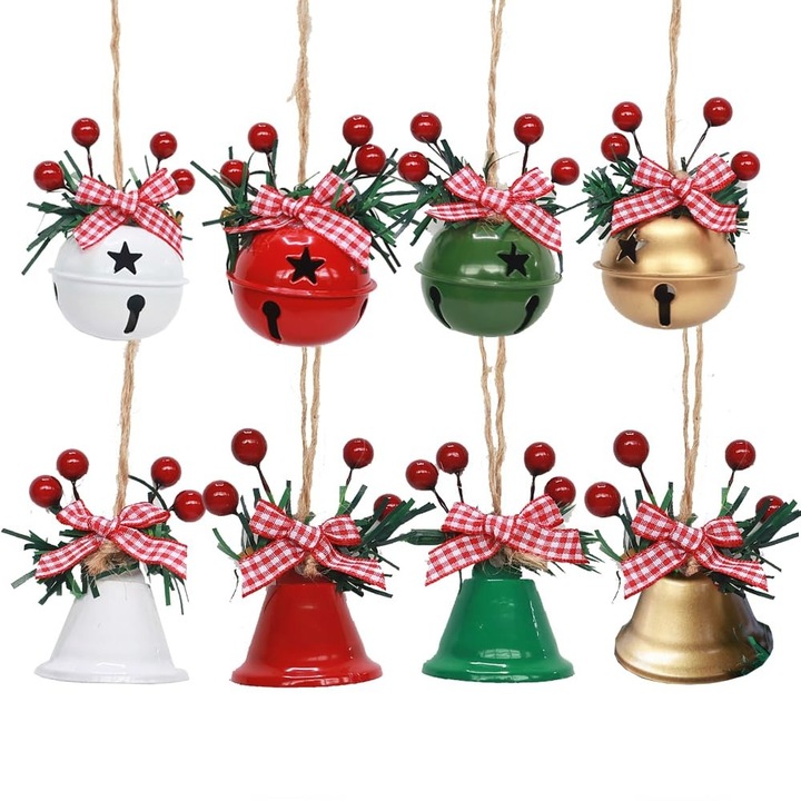 Set 8 globuri de Craciun, dzwonki decorative, mix culori, 4,5x5cm