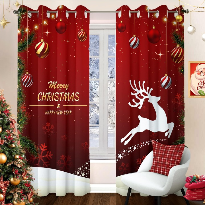 Празнични затъмняващи пердета с елени, червени, 140x225 см, комплект 2 броя