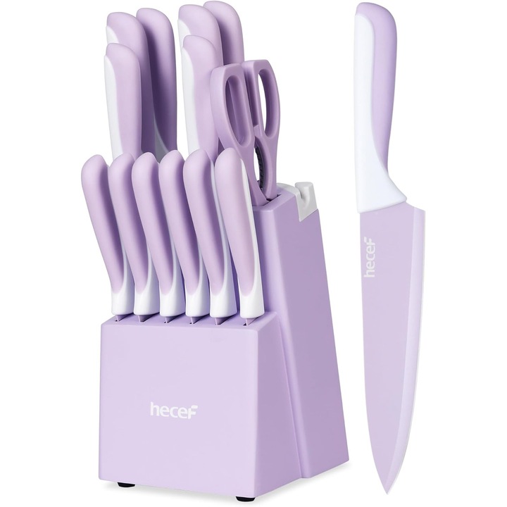 Set Cutite Bucatarie Hecef 14 Piese cu Bloc Integrat si Ascutitor, Lame Otel Inoxidabil cu Strat Antiaderent Violet, Cutite Chef, Santoku, Utility, Foarfeca si 6 Cutite Multifunctionale