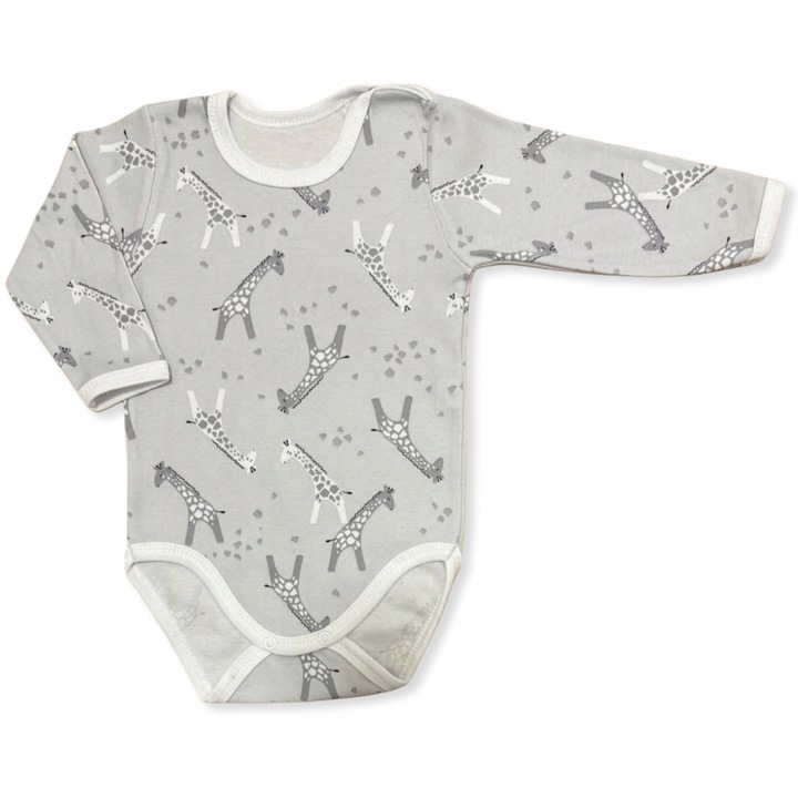 Body bebelusi Dartomik, maneca lunga, bumbac, model girafe, gri