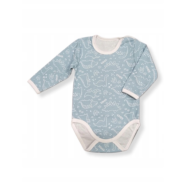 Body copii, Dartomik, maneca lunga, bumbac, model dinozauri, albastru