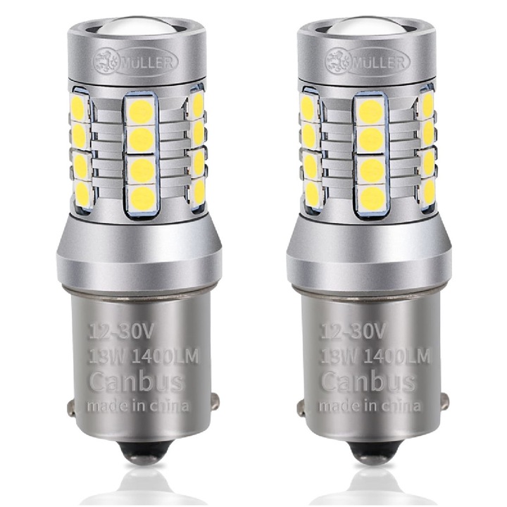 Set 2 becuri LED Muller®, 1156/BA12S P21W, Canbus fara eroare 26 SMD 3030 1400LM, lumini pozitii, plafoniera, portbagaj, semnalizare, lumini oglinda, lumini ambientale, lumina alba 6000k