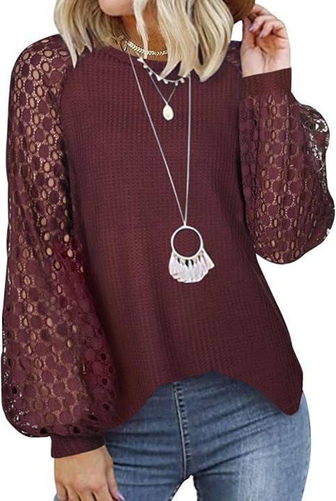 Pulover dama, rosu grena, cu maneci bufante si dantela, tricot tip fagure, casual si elegant