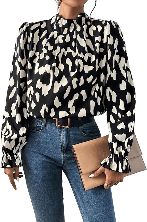 Bluza eleganta de dama alb-negru, cu volane si guler stojka, croiala moderna, M INTL