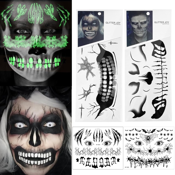 4 ív Ideiglenes Halloween Tetoválás Szett, Különböző Minták, Többszínű