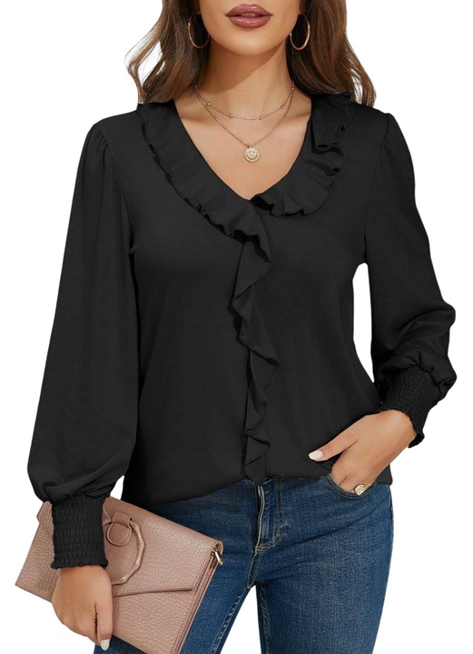 Bluza dama, neagra, decolteu in V, maneci bufante, stil vintage, material tricot moale