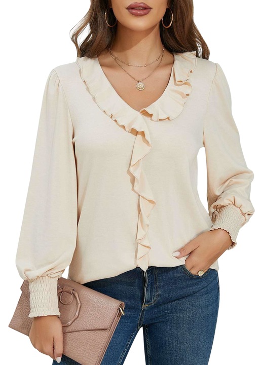 Bluza dama, maneci bufante, decolteu in V, bej, tricot moale