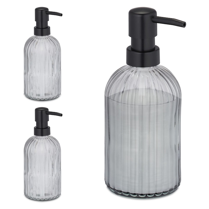 Set 3 dispensere de sapun Relaxdays, 7 x 9 x 19 cm, Sticla. Transparent
