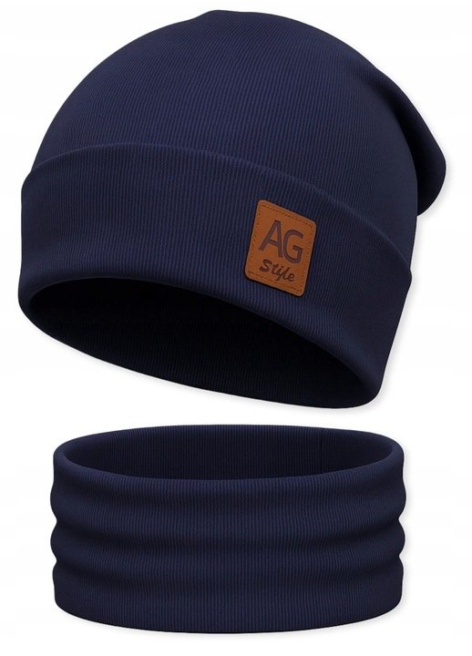 Caciula si komin unisex Dartomik, 97% bumbac, 3% lycra, set, albastru, dimensiune universala 54-60cm