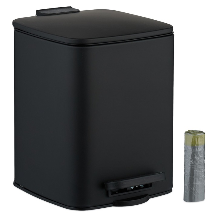 Cos de gunoi Relaxdays, 20 x 23 x 25.5 cm, Sistem de inchidere silentioasa, 6L, Fier, Negru