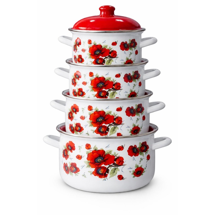 Set 5 oale emailate cu capac, 2L–6, 2L, model Flori de camp
