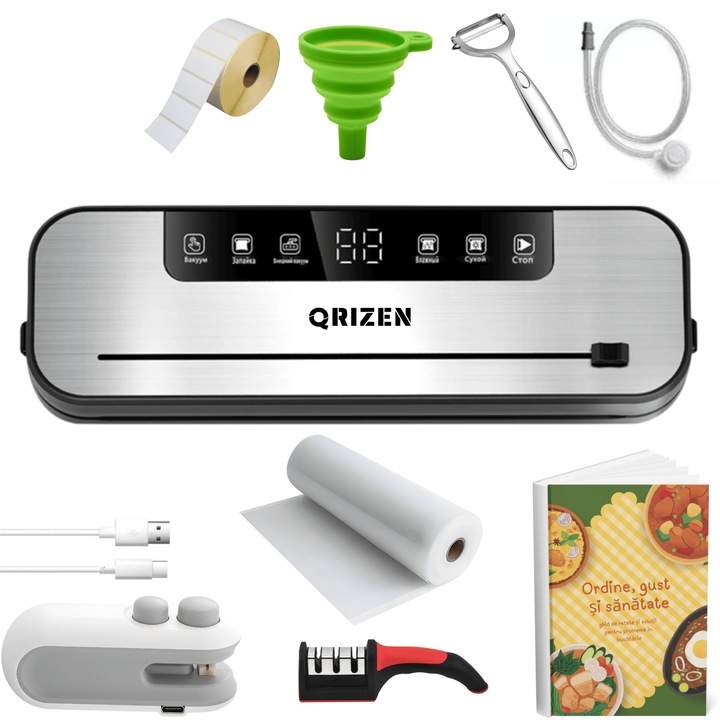Aparat De Vidat QRIZEN™ 75KPA Profesional Cu Sigilare 5 Functii Umed Uscat Pulse Seal, Aparat De Vidat Alimente, Bara Lipire 30cm, Aparat de Vidat cu Cutter Incorporat, Mini Aparat Sigilat, Accesorii Complete Bucatarie Rola Pungi Etichete, Acces eBook