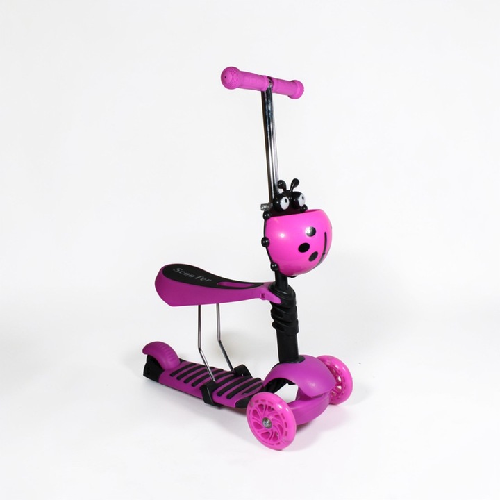 Trotineta 2 in 1 pentru copii, pliabila, cu scaunel, cosulet buburuza si roti luminoase SD-136