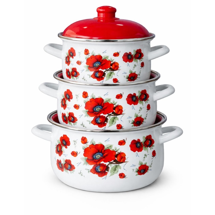 Set 3 oale emailate cu capac, 3.8L–6, 2L, model Flori de camp