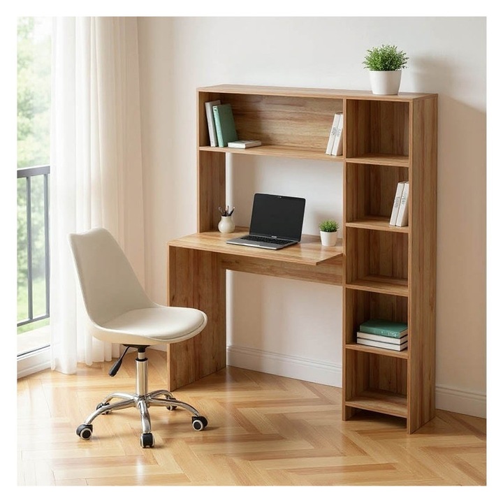 Birou Janson Pakoworld cu biblioteca, culoare stejar, 113.2x40x141.8 cm