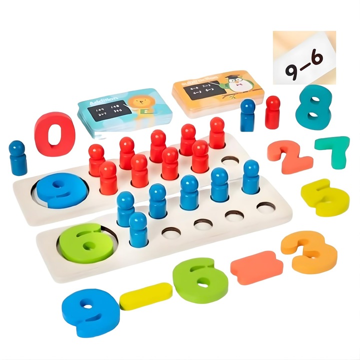 Joc Educativ Matematic din lemn cu pioni pentru adunare si scadere si carduri ilustrative, multicolor, Toyska®