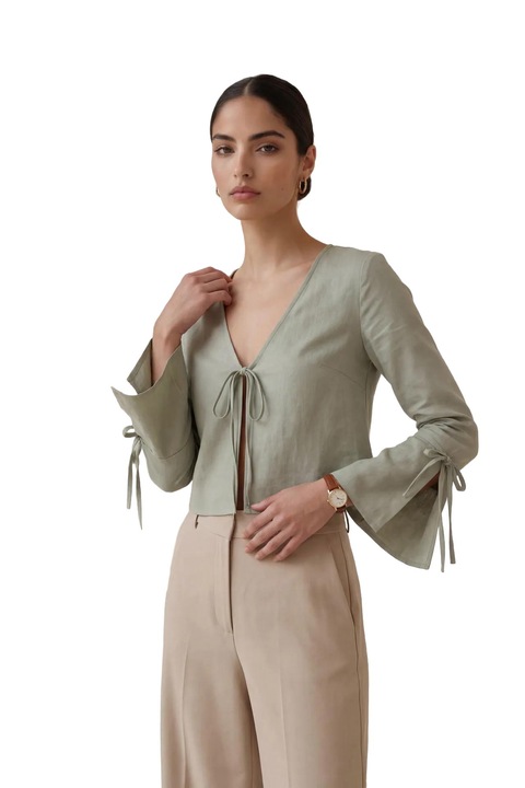 Camasa dama, MyFashion, din in cu decolteu in V si detaliu cu nod, verde salvie, 90% bumbac, 10% in