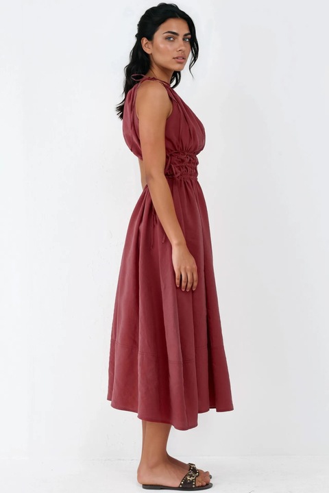 Rochie lunga Busem, detalii elastice, rosu, modal-poliester