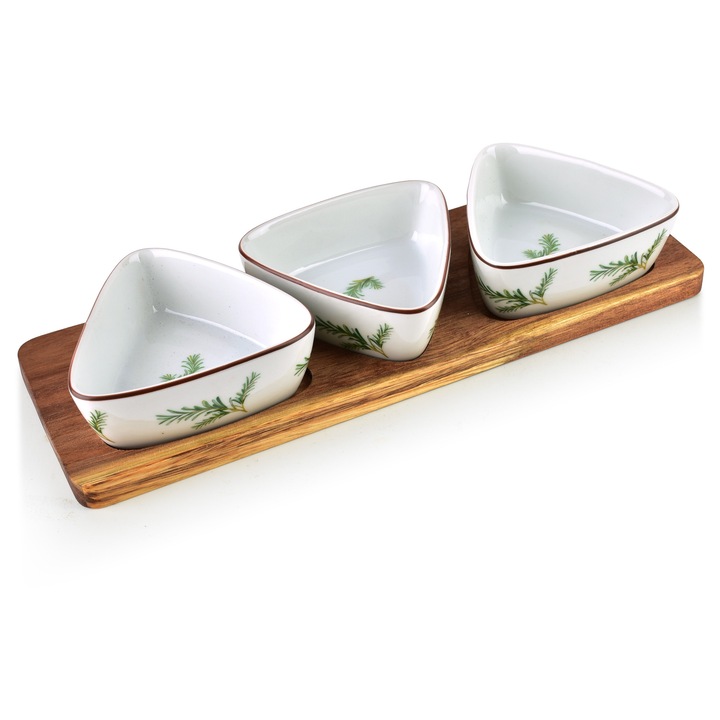 Set de servire, Modern Kitchen, 3 boluri triunghiulare, lemn de acacia, portelan rozmarin, dimensiuni 28x9,5x1,5cm, boluri 9,5x4cm, capacitate 100ml