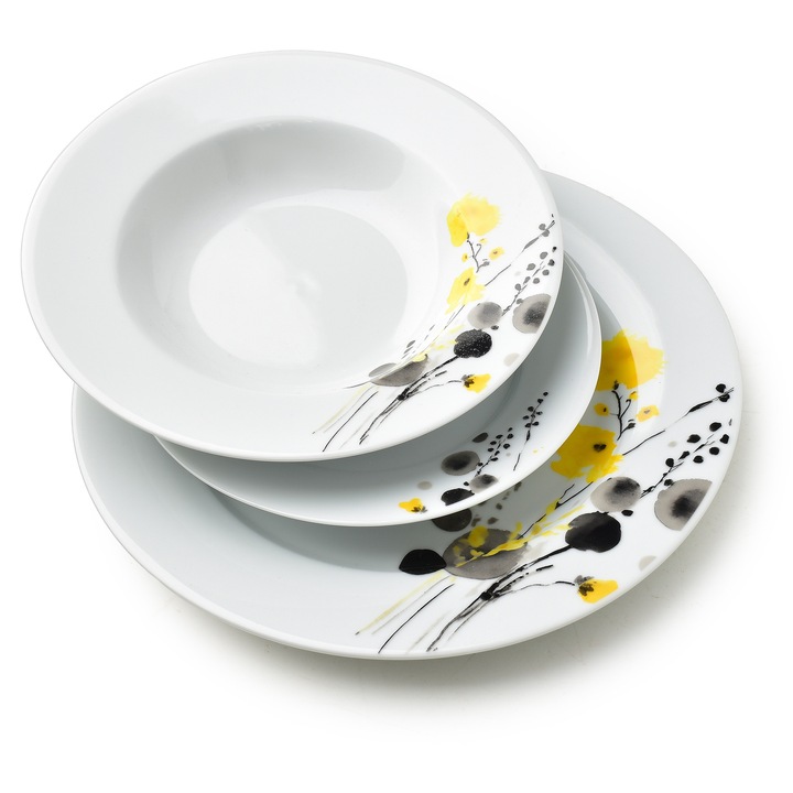 Set de vesela, Affekdesign by Mondex, LEA YELLOW, 18 piese, galben, farfurii 21,8cm/19,2cm/27cm, farfurie supa 220ml