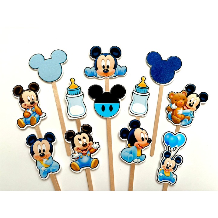Set toppere tort Mickey Mouse Junior, DecoParty, 12 figurine, carton, suporti din lemn inclusi