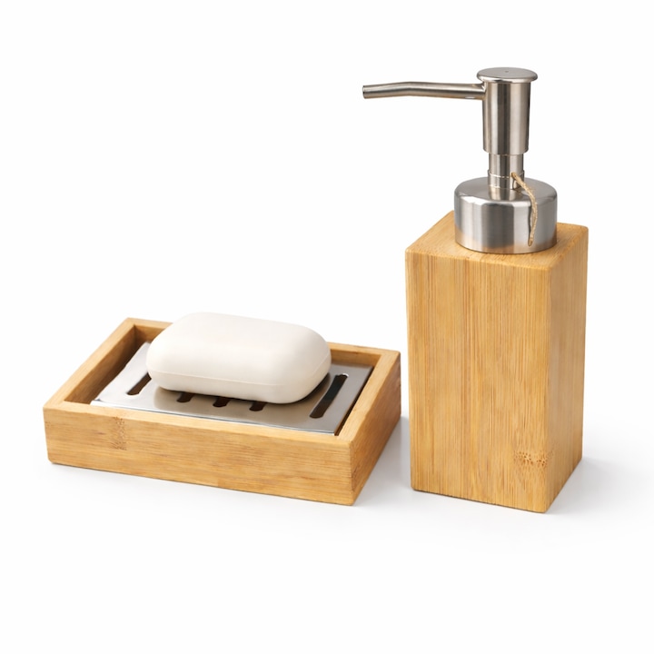 Set Baie Bambus – Dispenser Sapun Lichid si Savoniera cu Gratar Inox