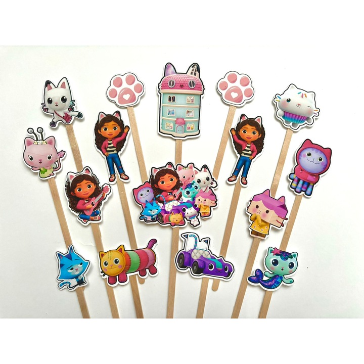 Set toppere tort Gabby Dollhouse, DecoParty, 16 bucati, carton/lemn