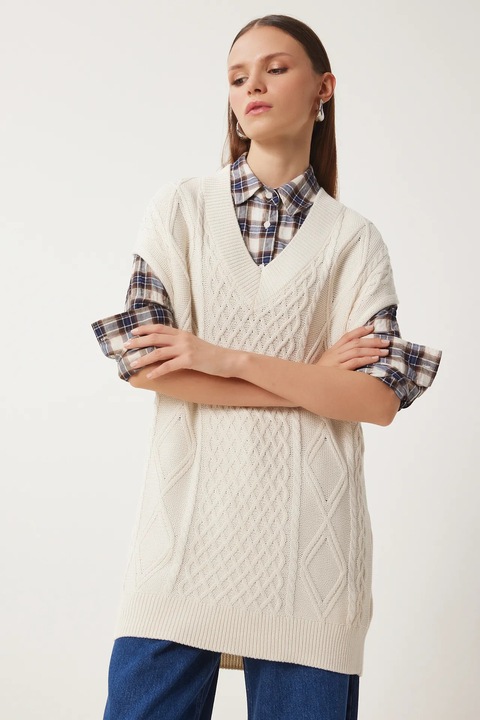 Pulover vesta dama, Happiness Istanbul, fara maneci, decolteu in V, crem natural, acril-bumbac, One Size INTL