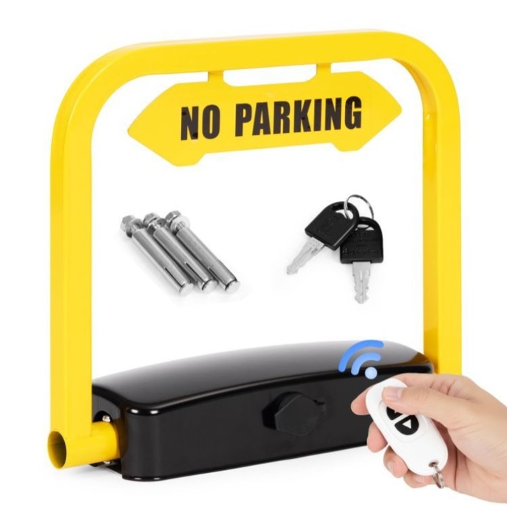 Blocator loc parcare pliabil cu telecomanda si sistem antifurt KESNUP, fixare sol cu retractare automata, alarma integrata, control distanta pana la 20 m, rezistent la apa si intemperii, include elemente fixare, dimensiuni 39 x 12 x 35 cm, Galben / Negru