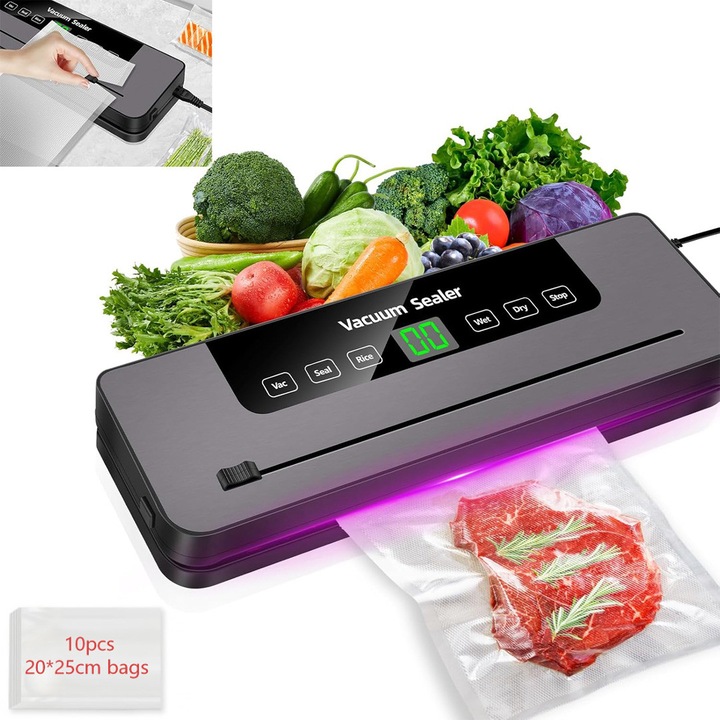 Aparat de Vidare si Sigilare Alimente, TrendiShop®, 10 x Pungi 20x25 cm, cu Functie Sterilizare, Lumina Violet, Vacuum Sealer Profesional, Display Digital HD, 6 Moduri de Lucru pentru Alimente Uscate si Umede, Baza Detasabila, Cutter Glisant Taiere Inclus