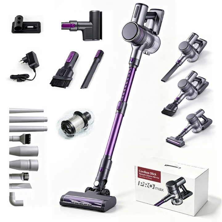 Aspirator 4 in 1, Yulinland, echipat cu o perie electrica pentru acarieni + set de curatare din 9 piese, montat pe perete, 22 Kpa, 6×2200 mAh, violet