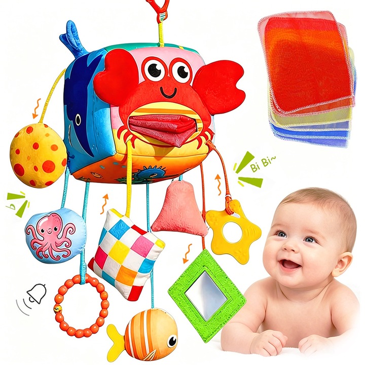 12 In 1 jucarie interactiva pentru bebelusi, Yulinland, Cutie de servetelesimulata, Jucarie linistitoare, Partener de somn, Creativ si Interactiv, Dezvoltare senzoriala, 0 luni+, Ocean, Multicolor