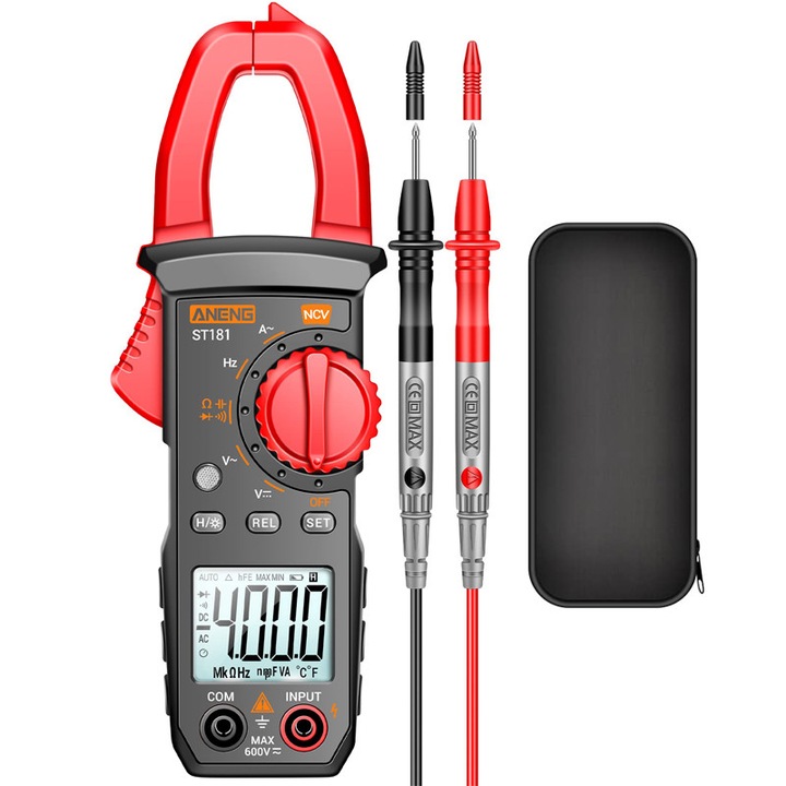 Multimetru digital tip cleste, 4000 counts, cu functie NCV, masoara curent AC, tensiune AC/DC, capacitanta, rezistenta, dioda, continuitate si frecventa, cu ecran iluminat, ST181