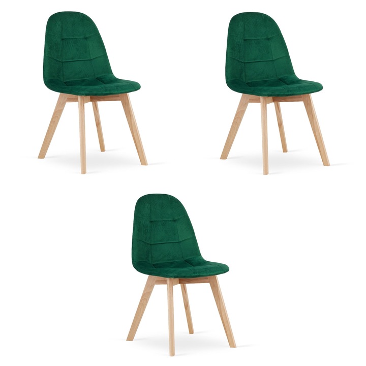 Set de 3 scaune BORA, LEOBERT, verde inchis, 81,5x44,5x54cm, material: velur, picioare din lemn de fag