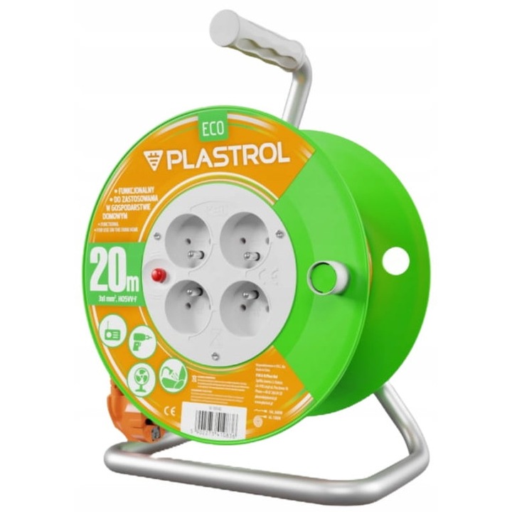 Prelungitor 20m 3x1mm2 Plast Rol, pomarandz, 4 prize, IP20