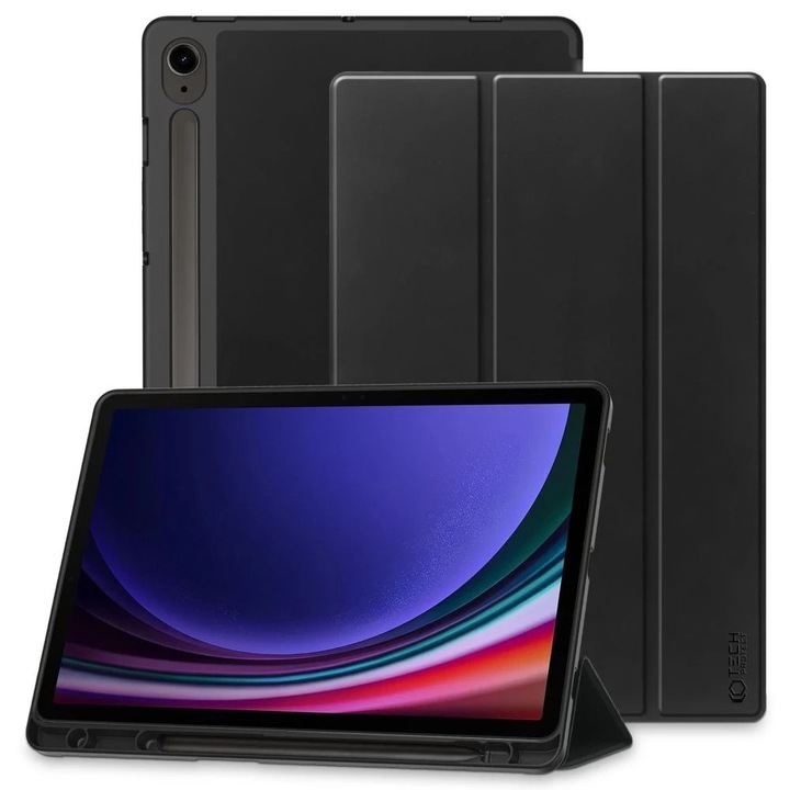 Etui SmartCase Pen pentru Samsung Galaxy Tab S9 FE 10.9, negru, cu suport pentru rama si protectie ecran