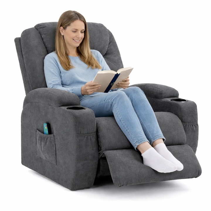 Fotoliu Pentru Masaj si Ajutor La Ridicare, FONIX Vitalis Lift, Functie Power Lift, Pentru Persoane cu Mobilitate Redusa, Incalzire Lombara, 8 Puncte De Masaj, Pozitionare Electrica, Material Textil, Suport 130 KG, Port USB, Gri