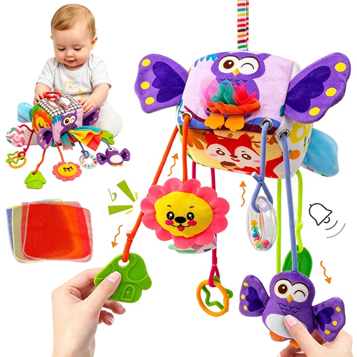 12 In 1 jucarie interactiva pentru bebelusi, Yulinland, Cutie de servetelesimulata, Jucarie linistitoare, Partener de somn, Creativ si Interactiv, Dezvoltare senzoriala, 0 luni+, Bufnita, Multicolor