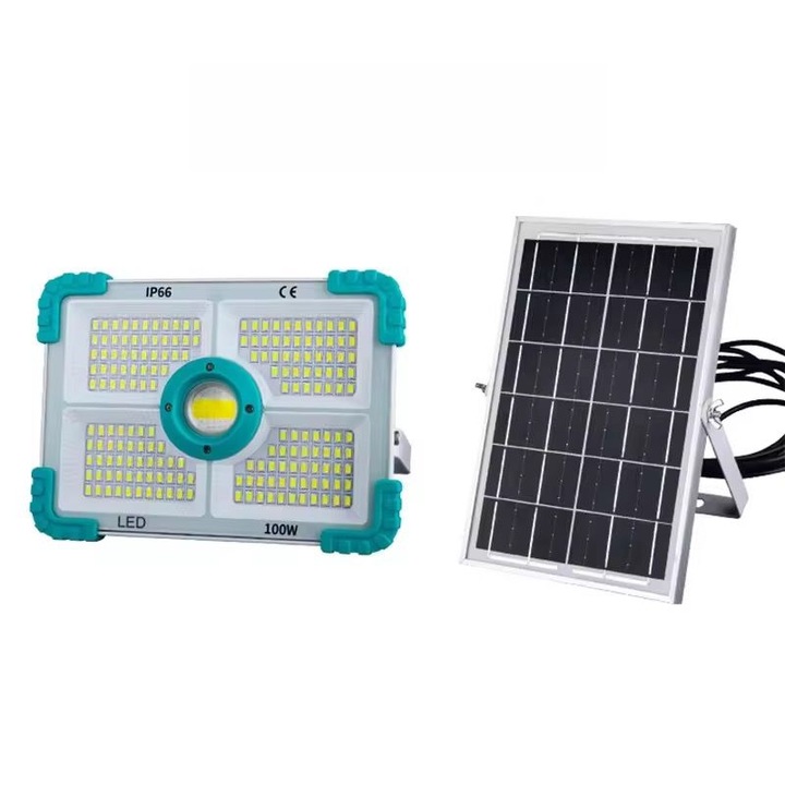 Proiector solar LED COBA cu panou solar extern, telecomanda, IP66, pentru exterior si interior, 100 w
