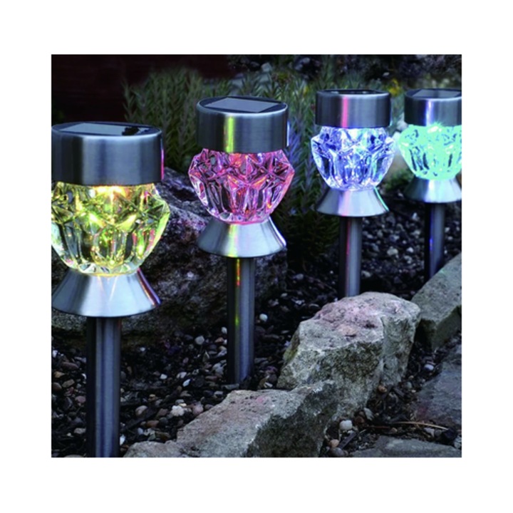 4 Stalpi mici lumina solara LED Hoff RGB, sticla si inox, inaltime de 36 cm, gri, exterior, IP44, lampi gradina