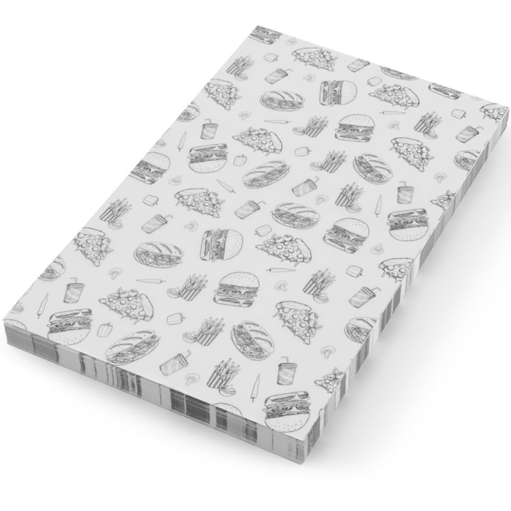Hartie pergament pentru gustari, HENDI, 250x350mm, set 500 foi, model fast food, alb-negru