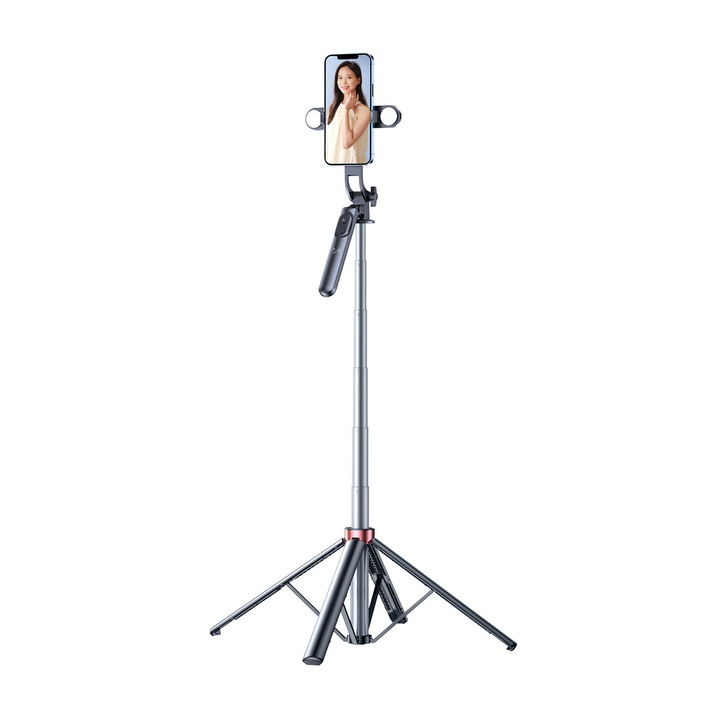 Trepied selfie stick Wozinsky WH181D-Y1S, 1.75m, cu lampa dubla si suport pentru telefon, negru