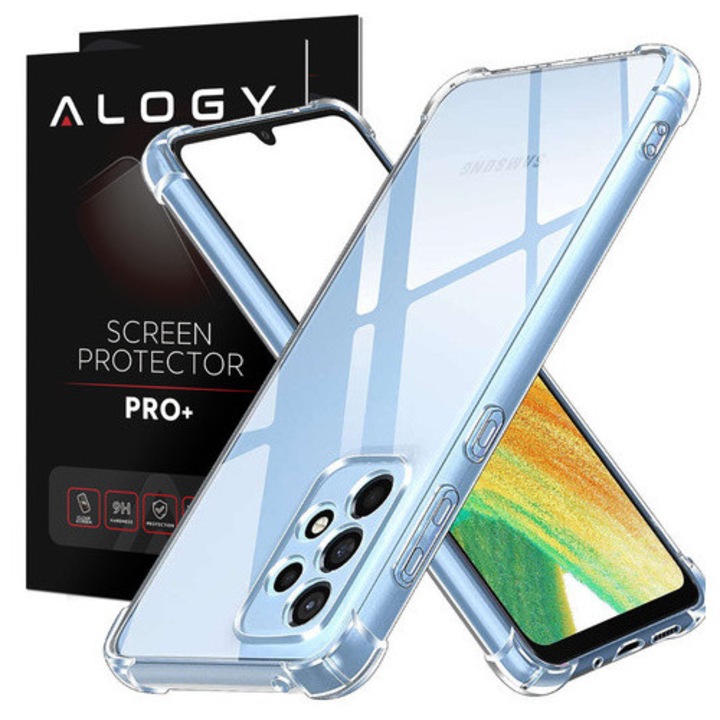 Etui ShockProof Alogy pentru Samsung Galaxy A73 / A73 5G, transparent, cu sistem de protectie cu perne de aer, set cu sticla 9H