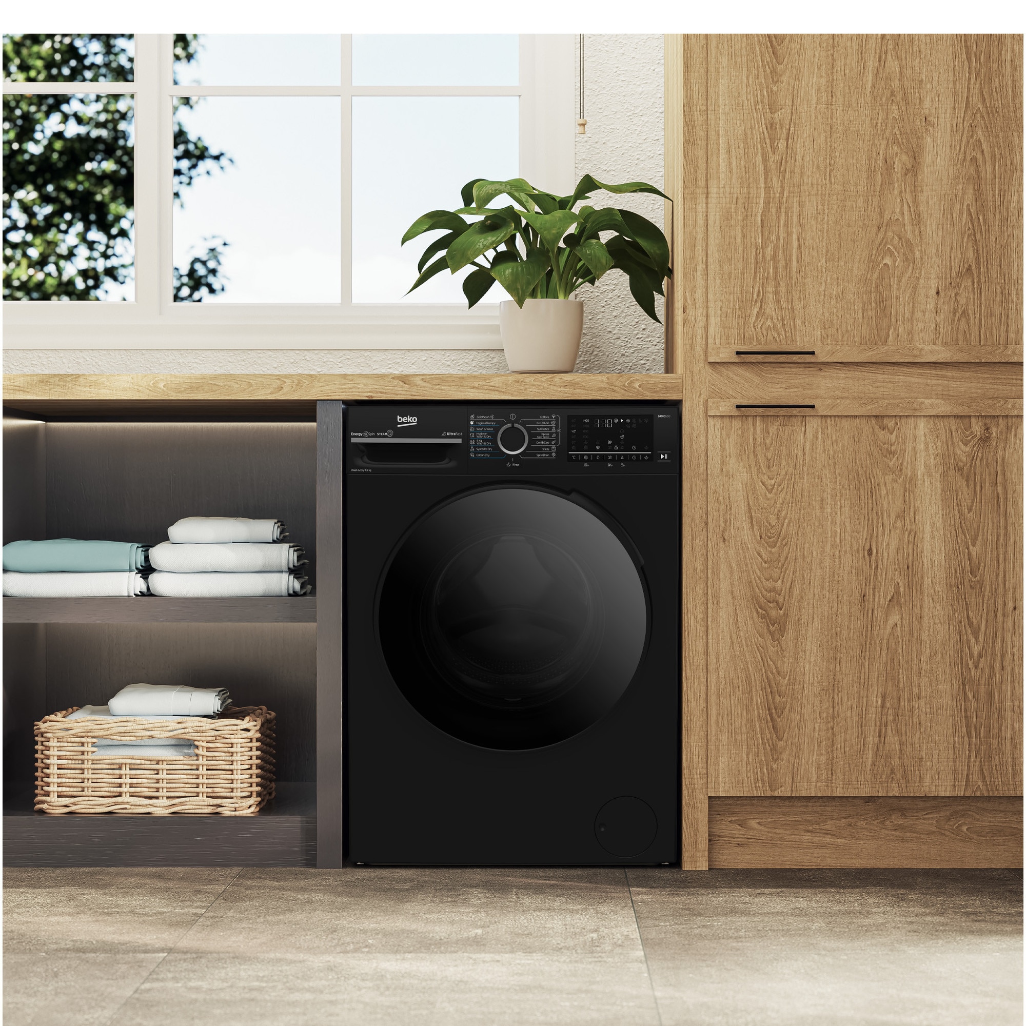 Masina de spalat rufe cu uscator Beko BM5DFT49442PB, Clasa D, SteamCure, 9/6 kg, 1400 rpm, Negru