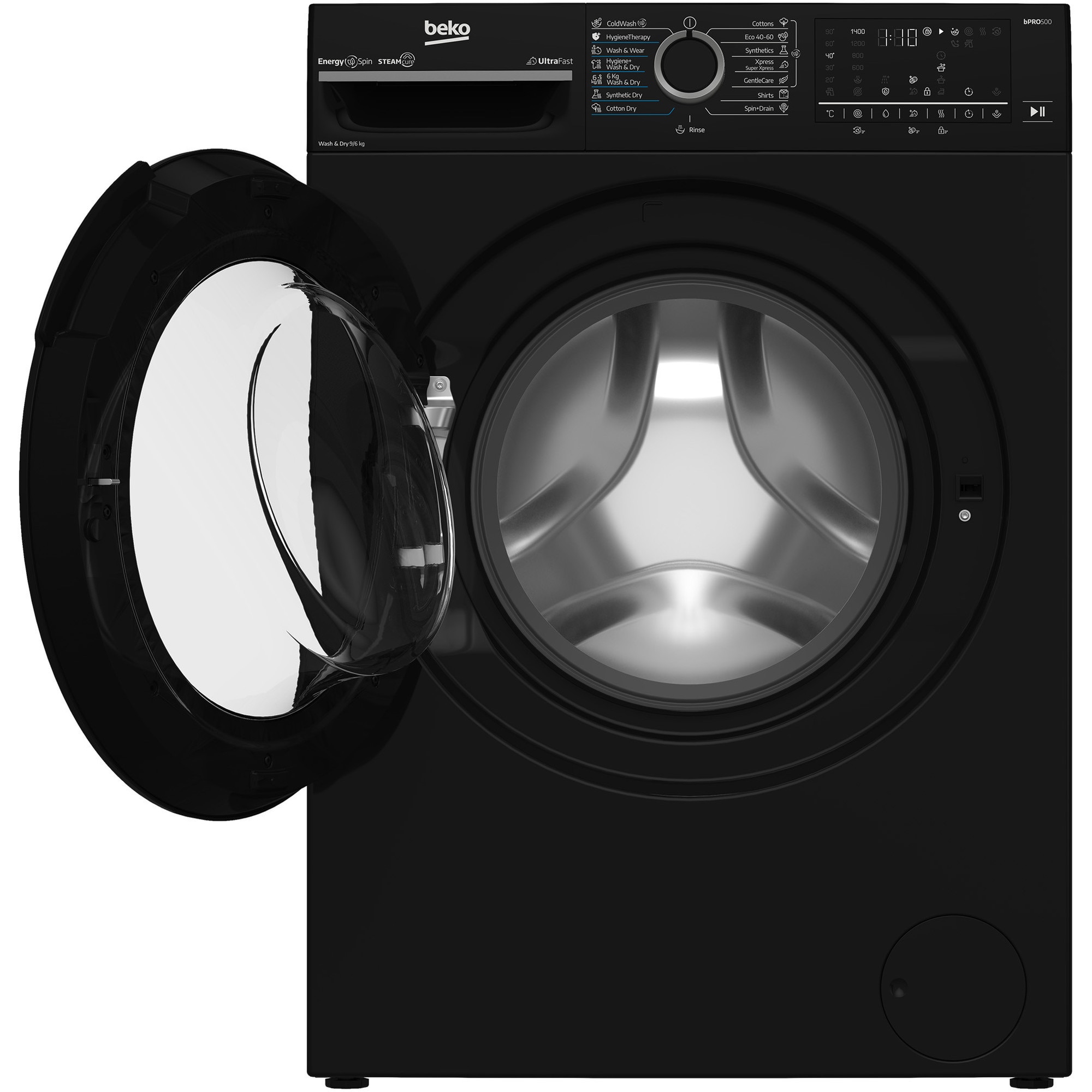 Masina de spalat rufe cu uscator Beko BM5DFT49442PB, Clasa D, SteamCure, 9/6 kg, 1400 rpm, Negru