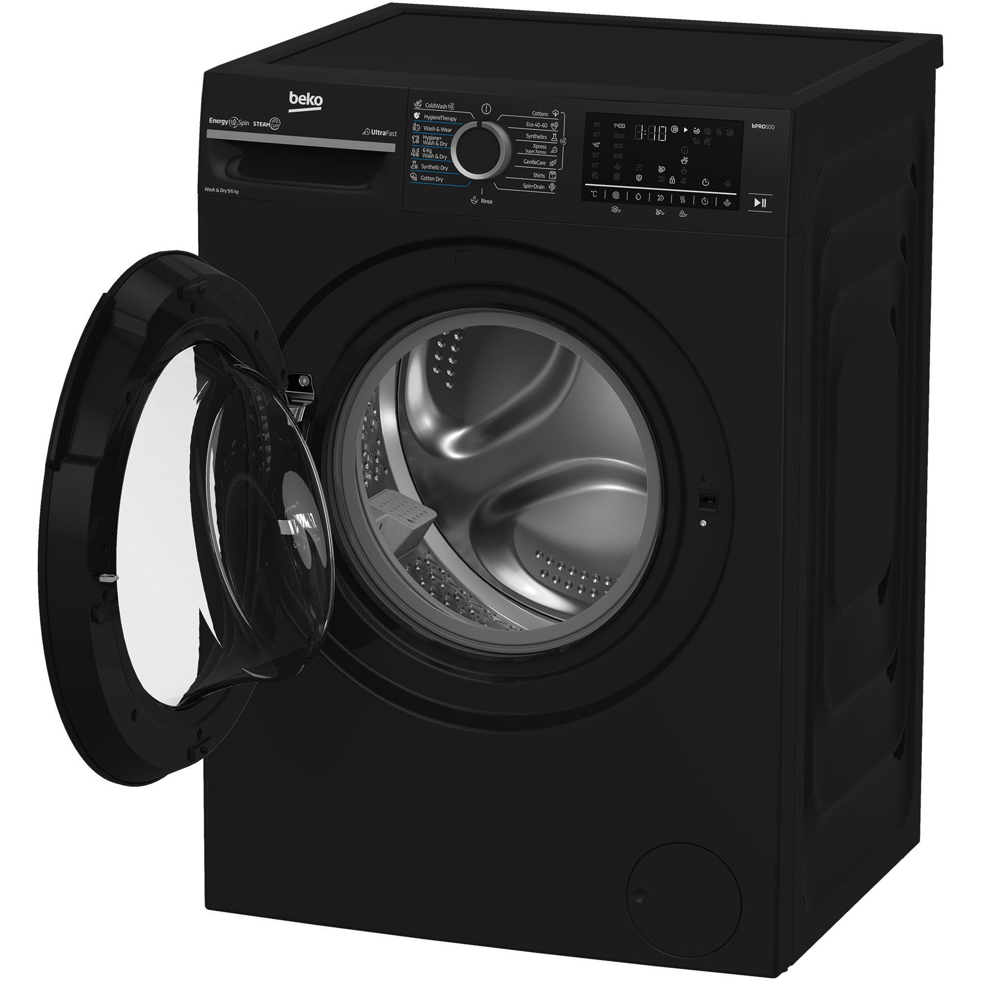 Masina de spalat rufe cu uscator Beko BM5DFT49442PB, Clasa D, SteamCure, 9/6 kg, 1400 rpm, Negru