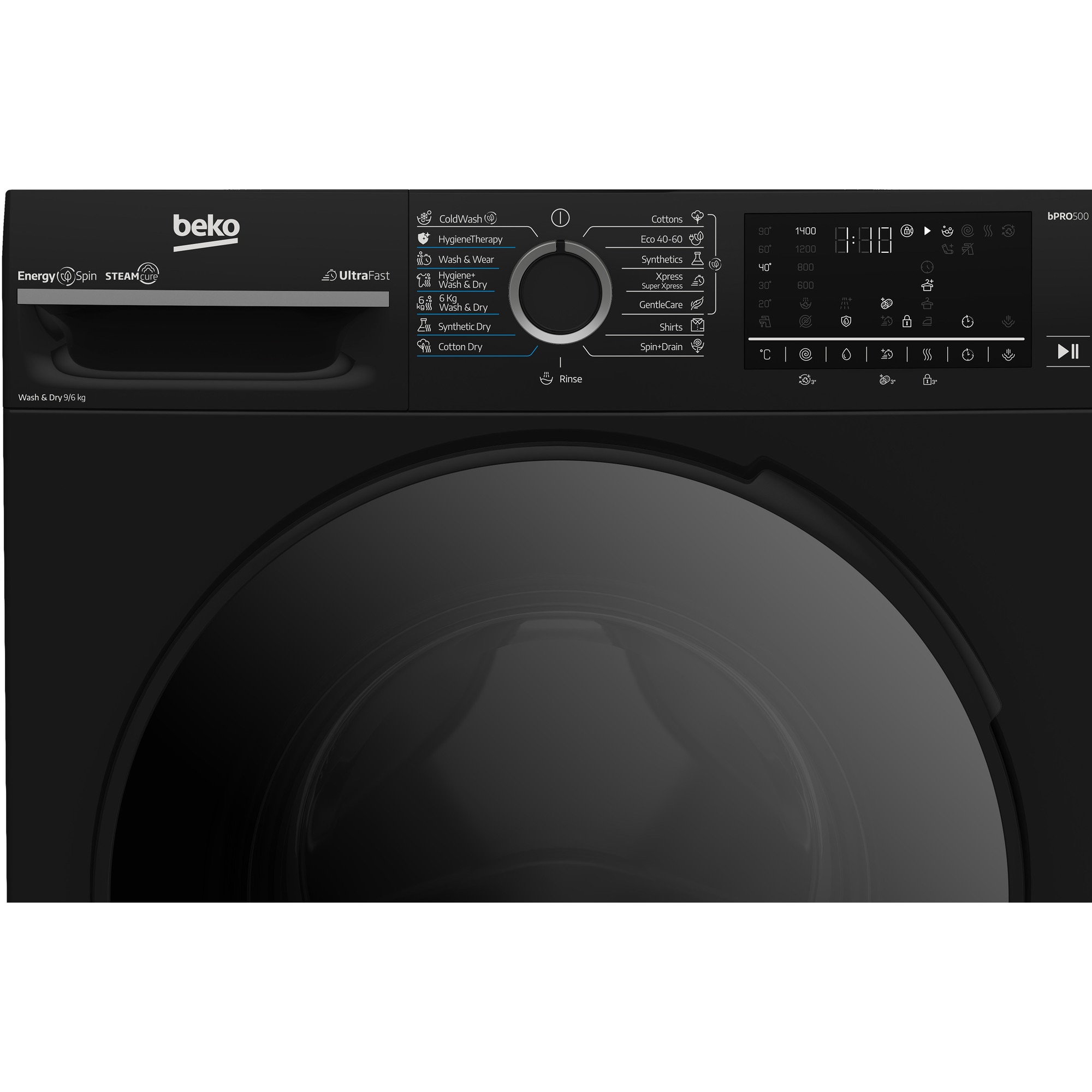Masina de spalat rufe cu uscator Beko BM5DFT49442PB, Clasa D, SteamCure, 9/6 kg, 1400 rpm, Negru