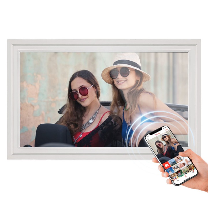 Rama foto digitala, 15, 6 inci, Wi-Fi, 1080p, raport de aspect 16:10, suporta controlul de la distanta prin aplicatie mobila, slot pentru card TF, reda fotografii, videoclipuri si muzica, alb
