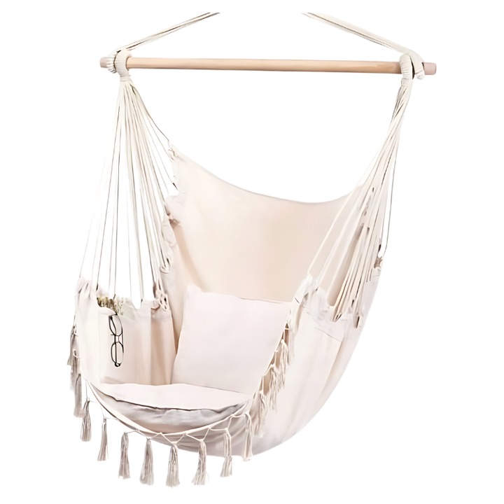 Fotoliu suspendat BRAZYLIJSKI, luka, 100x130cm, stil boho, 150kg, bej