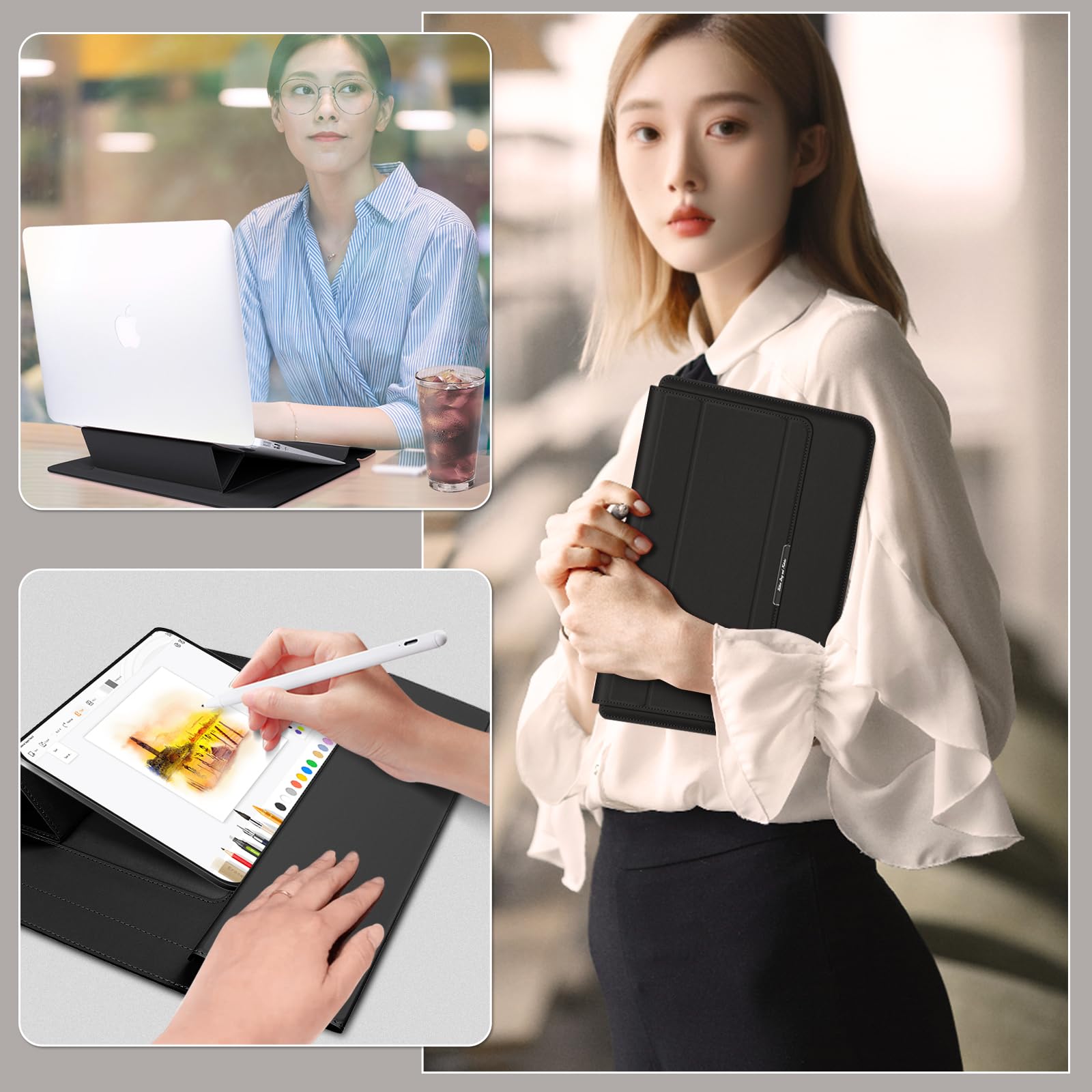 Husa Laptop 15-16 inch compatibila cu MacBook Air, Design 3-in-1 cu Suport Ergonomic si Borseta Accesorii, Piele Ecologica, Inchidere Magnetica Marime Universala, Negru titan